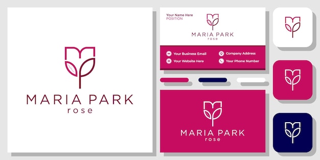 Maria park rose symbol graphic flower feminine initials tulip shape with business card template