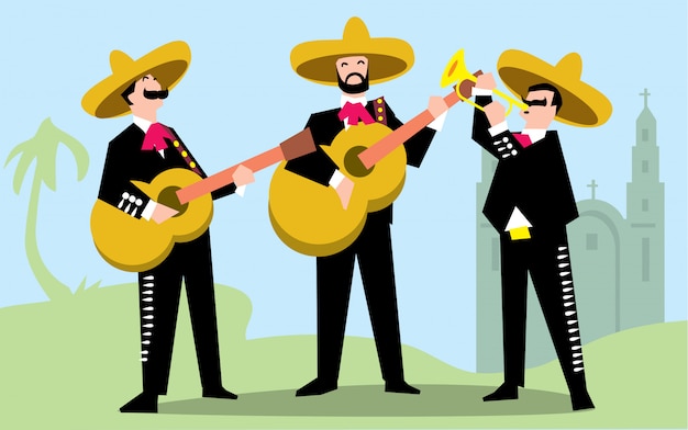 Mariachi band в сомбреро с гитарой.