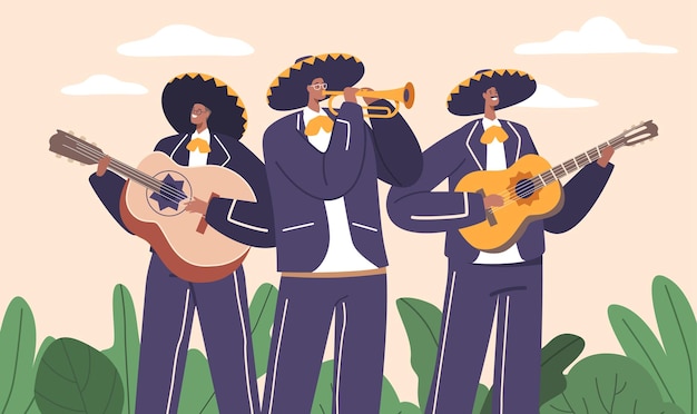 Vettore mariachi band ensemble vivace di personaggi di musicisti messicani in abiti tradizionali charro che suonano la tromba, la chitarra e il guitarron che diffondono melodia festosa allegria cartoon people vector illustration