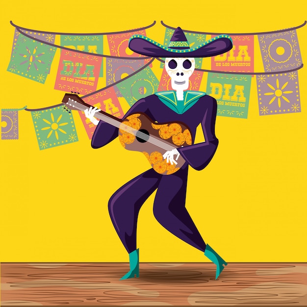 Vector mariachi skull day of the dead party