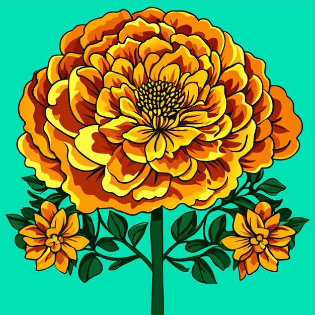 Vector marigold flower with green leaves