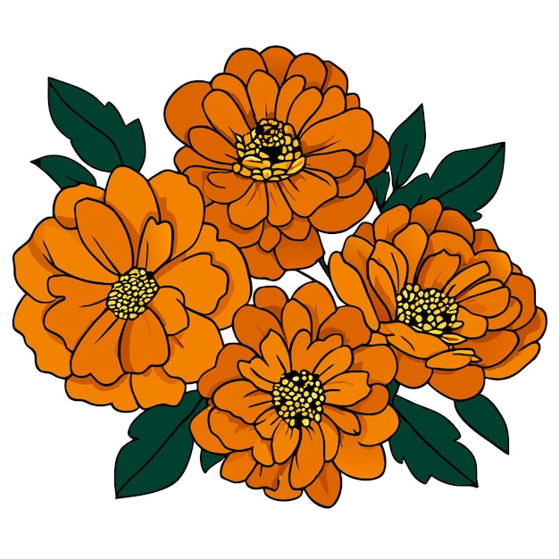 Vector marigold flower with green leaves