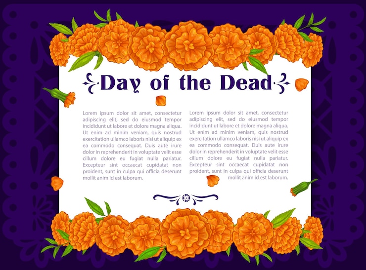वेक्टर marigold flowers on dia de los muertos day of the dead holiday banner mexican halloween vector poster with borders of orange flowers garlands on purple papel picado paper cut flag background