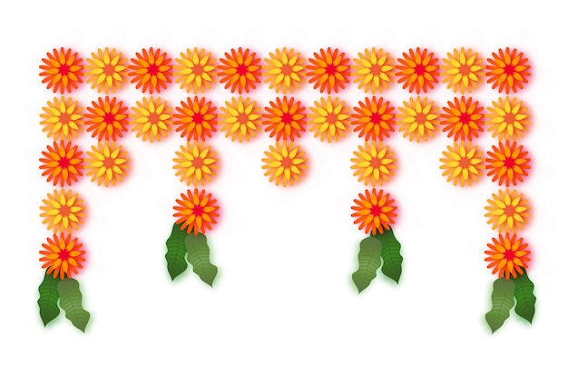 Calendula. ghirlanda di foglie verdi. giallo arancione fiore tagliato di carta. festival indiano fiore e foglia di mango. buon diwali, dasara, dussehra, ugadi. elementi decorativi per la celebrazione indiana. vettore.