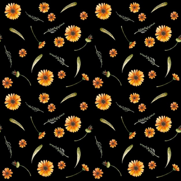 Marigold seamless pattern. calendula buds, petals and leaves. wallpaper, wrapping paper design