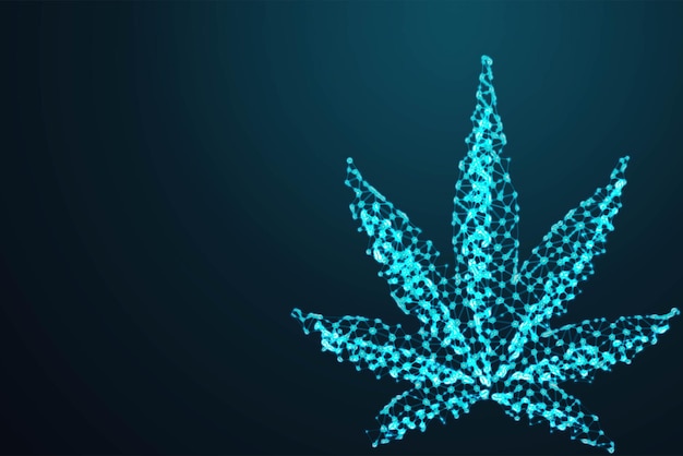 Marihuana cannabis blad Abstract 3d veelhoekig draadframe vliegtuig op blauwe nachtelijke hemel met stippen en sterren illustratie of achtergrond