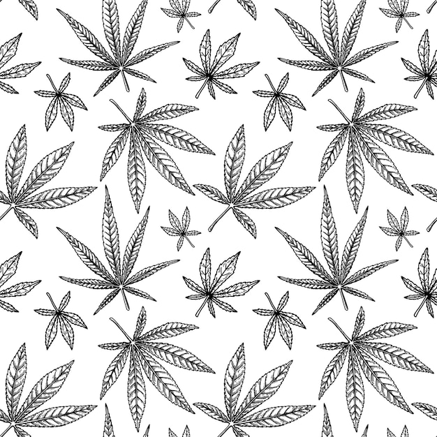 Marihuana verlaat naadloos patroon Cannabis hand getrokken vintage achtergrond
