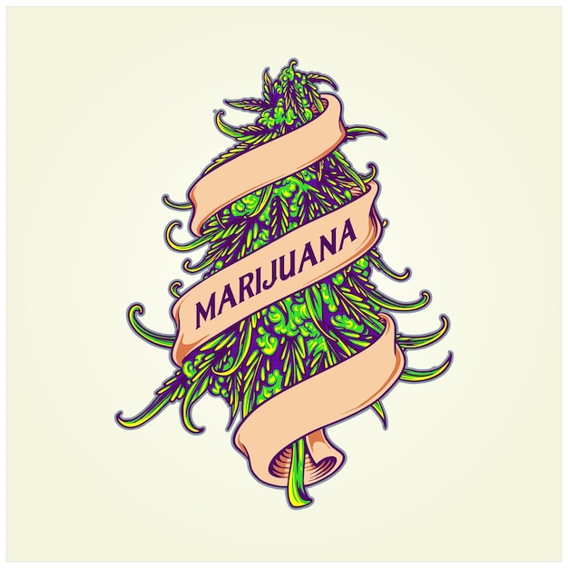 리본 장식 로고 삽화가 있는 마리화나 새싹 식물 잡초 잎