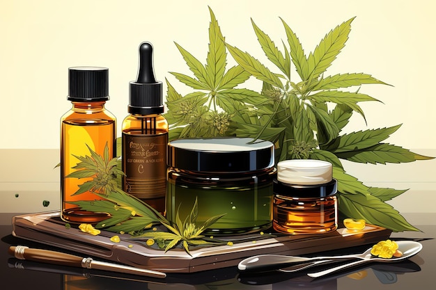 Marijuana and cannabis oil in a glass bottles bowl pills and capsules with green marijuana leaf