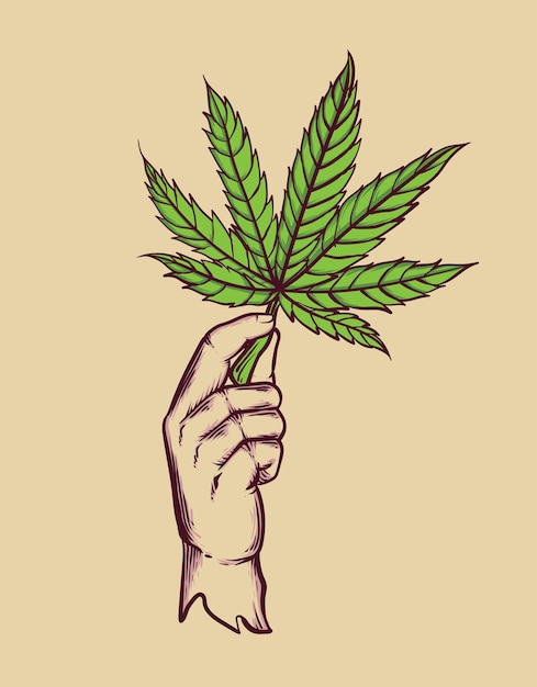 Vettore illustrazione della mano di marijuana per l'adesivo della maglietta del logo della merce del lavoro e il poster della cartolina d'auguri