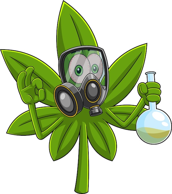 Vector marijuana leaf cartoon character with gas mask holding medical glass bottle with cannabis oil