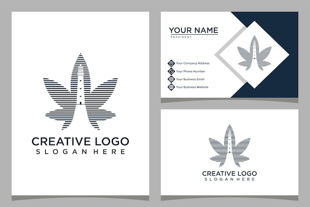 шаблон логотипа дизайна листа марихуаны с дизайном башни и визитной карточки