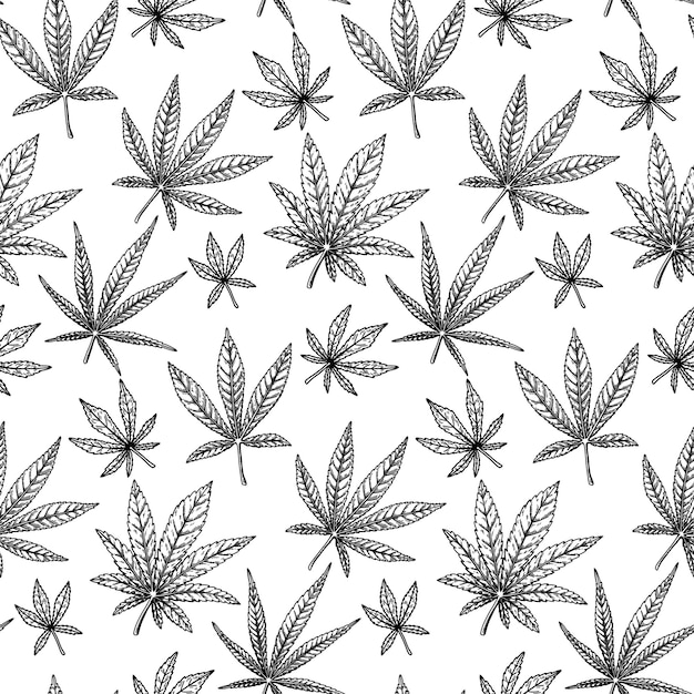 Vettore la marijuana lascia un motivo senza giunture sfondo vintage disegnato a mano di cannabis