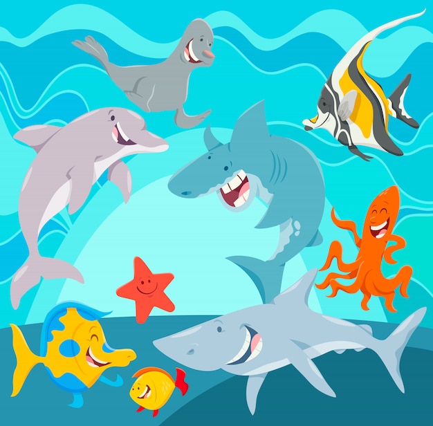 Marine animals cartoon characters underwater