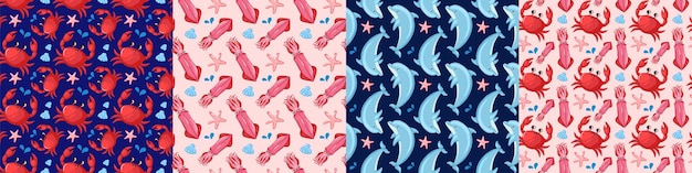 Marine animals Children's patterns of the sea and ocean Vector seamless pattern elements