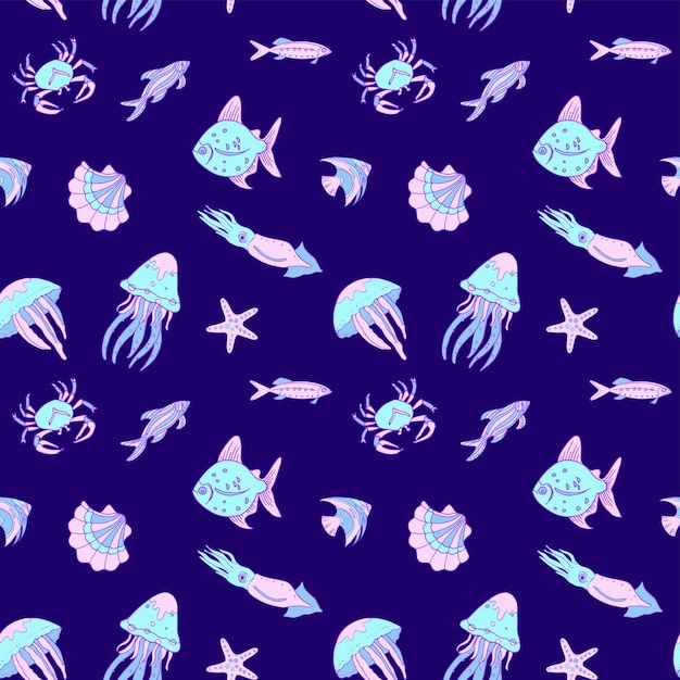 Vector marine animals neon seamless pattern dark blue background blue pink animals