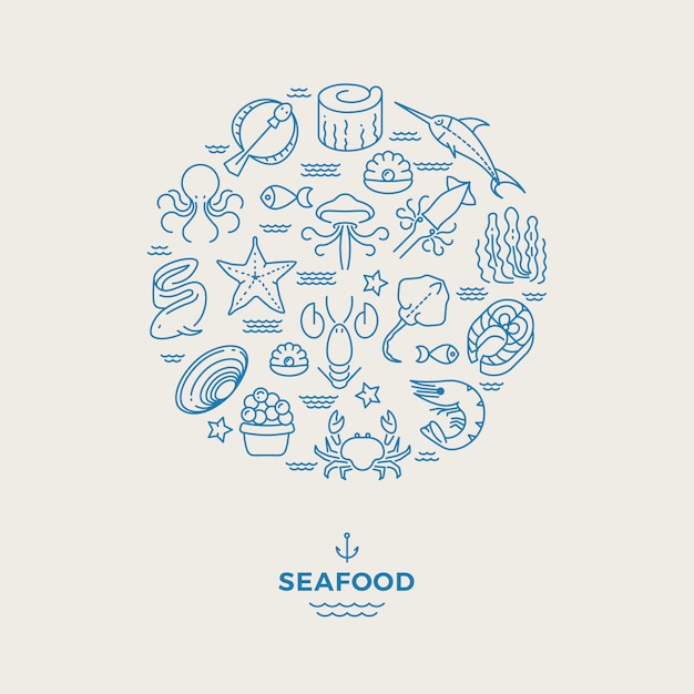 Морские животные, морепродукты тонкая линия иконки в круге.