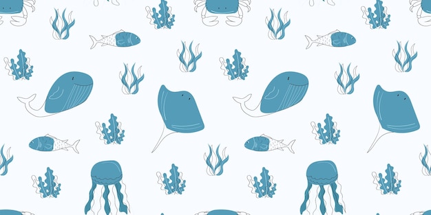 marine animals whale jellyfish ramp coral animals sea fish Doodle vector seamless pattern