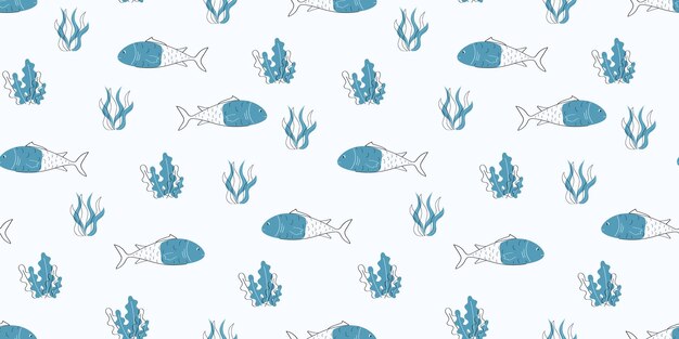 marine animals whale jellyfish ramp coral animals sea fish Doodle vector seamless pattern