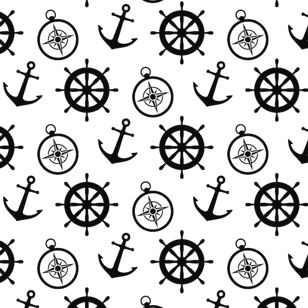 Marine background Anchor compass ship's rudder Vector illustration