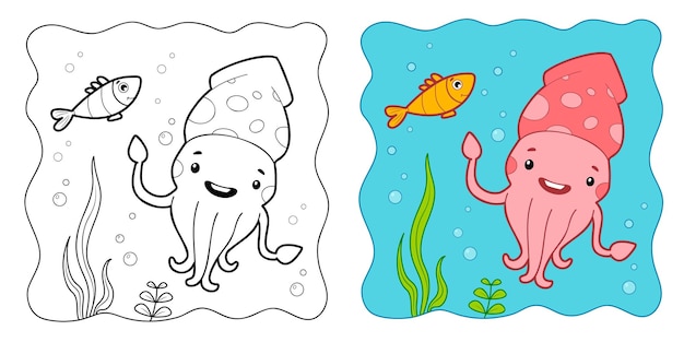 Marine background coloring book or coloring page for kids squid vector clipart