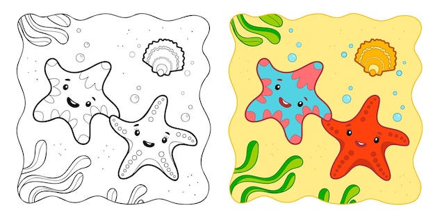 Sfondo marino libro da colorare o pagina da colorare per bambini clipart vettoriali di stelle marine