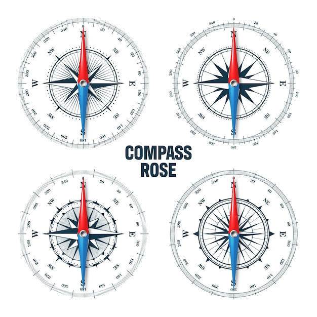 Marine compass nautical wind rose with cardinal directions of north east south west and degree