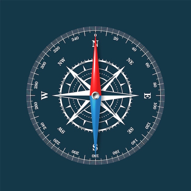 Vector marine compass nautical wind rose with cardinal directions of north east south west and degree