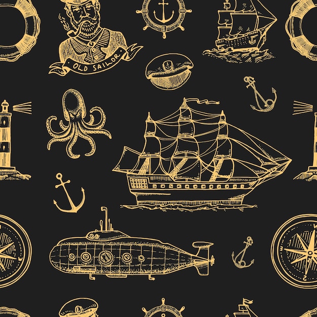 Marine en nautische of zee oceaan emblemen naadloze patroon set gegraveerde vintage hand getrokken oude labels of badges voor een reddingsring een kanonskogel een kapitein zeeschip