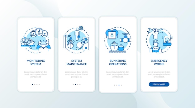 Marine engineering onboarding mobile app page screen with concepts set. Water vessel engine operation walkthrough 4 steps graphic instructions. UI vector template with RGB color illustrations