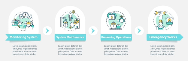 해양 공학 벡터 infographic 템플릿입니다. 전문 보트 유지 보수 프레젠테이션 디자인 요소입니다. 4단계로 데이터 시각화. 프로세스 타임라인 차트. 선형 아이콘이 있는 워크플로 레이아웃