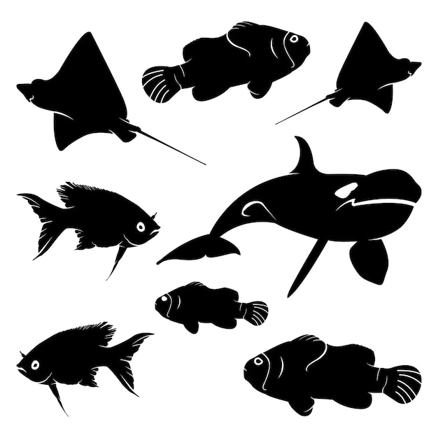 Vector marine fish silhouette animals silhouette collection