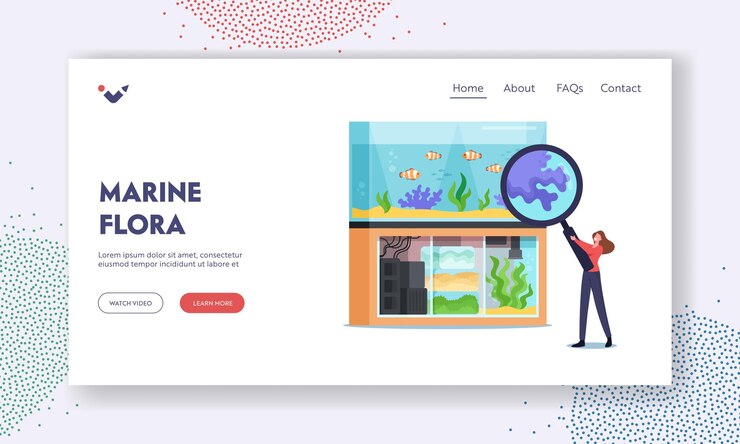 Vector marine flora landing page template. woman choosing aquarium stuff for fish. tiny female character at zoo market look on tropical fishes through huge magnifying glass. cartoon vector illustration