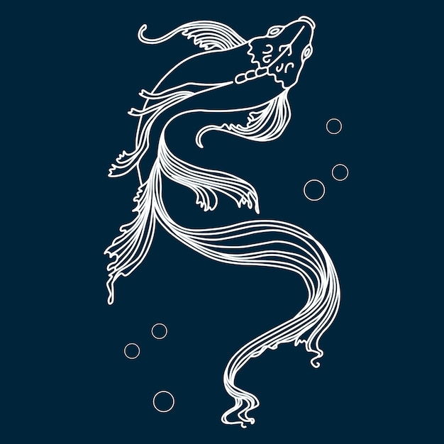海洋イラスト線画は青い背景に抽象的な白い輪郭の魚を描いた