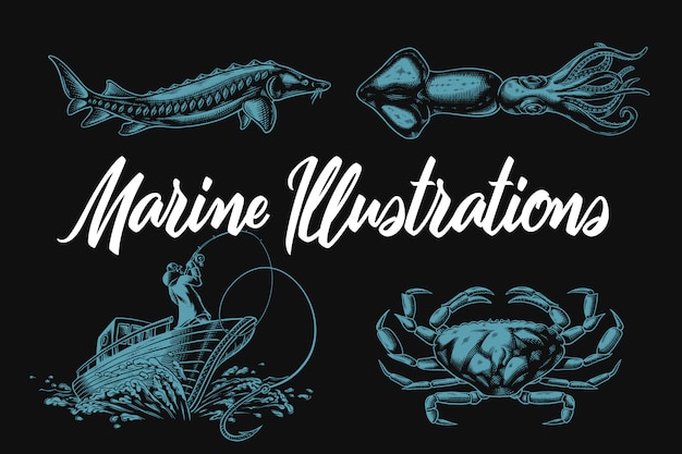 Marine illustrations of sturgeon, squid, crab and fisherman on a boat
