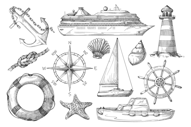 해양 아이템. 흑백 배, 앵커, 등대, 로프 매듭, 항해 나침반, 작은 배, 구명 부표, 스티어링 휠, 요트, 불가사리, 쉘 스케치 그림. 배경에 설정
