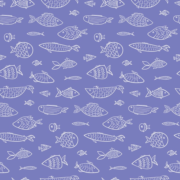 Marine kids seamless pattern with white outline cute cartoon fishes on blue water background