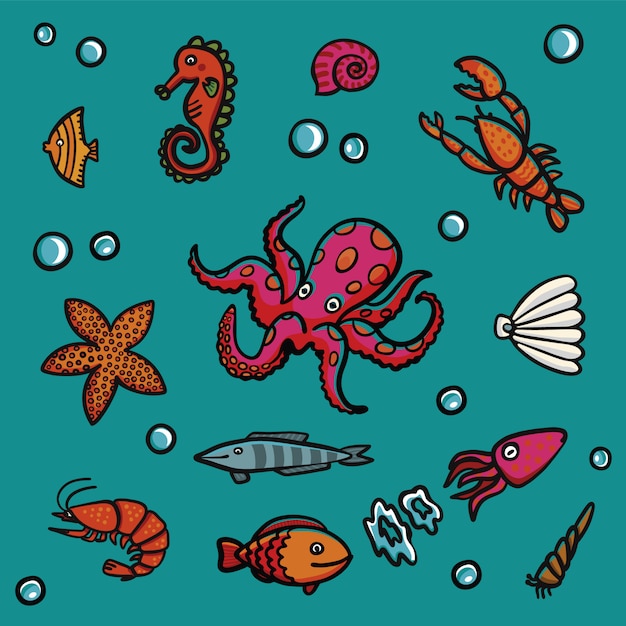 Marine life in cartoon style on a blue background.