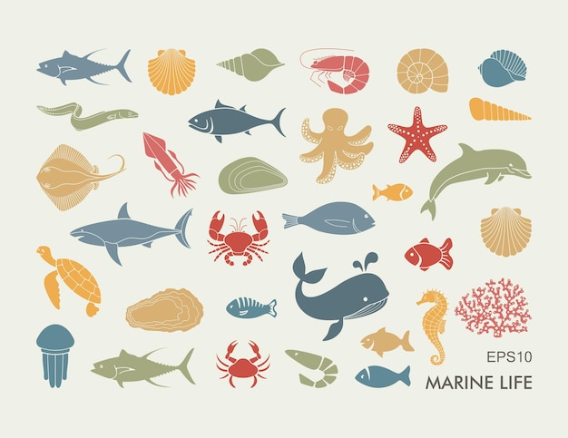 Marine life icons Silhouettes of sea inhabitants