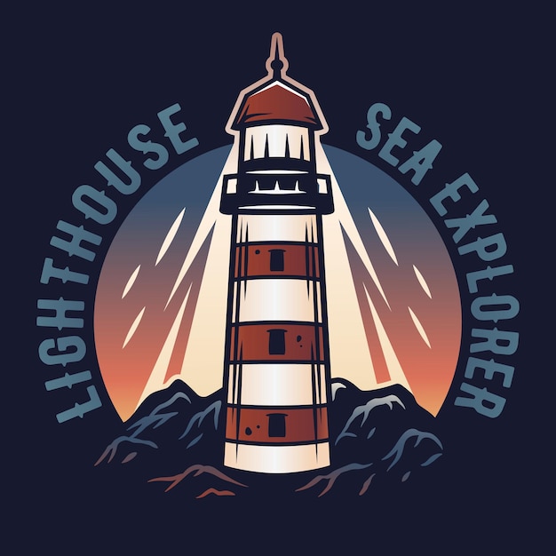 Vector marine lighthouse at mountain nautical sea art