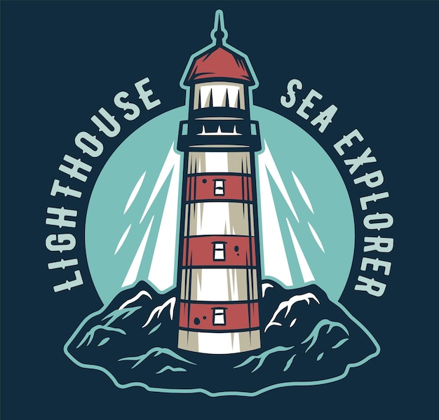 Vector marine lighthouse at mountain nautical sea art