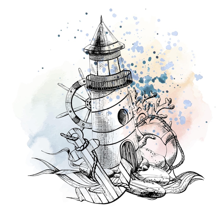 वेक्टर marine lighthouse with anchor lifebuoy ship s wheel corals algae graphic illustration hand drawn