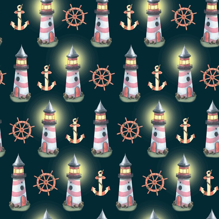 Vector marine lighthouses with lights anchors and steering wheels on a dark blue background watercolor