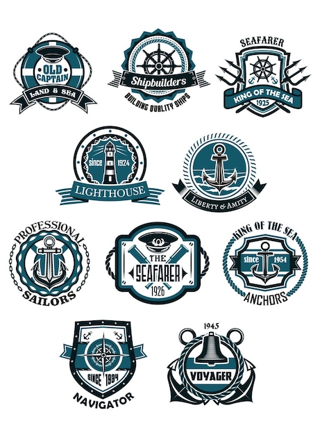 Marine and nautical heraldic emblems or icons in retro style