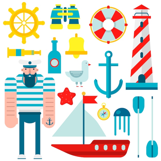 Simboli marini di marinaio nautico e icone piane di vettore