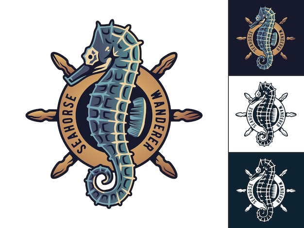 Vector marine nautical sea seahorse and helm wheel logo