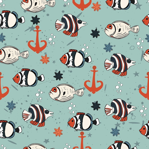 Marine pattern Fish and anchor Vector seamless pattern with decorative sea elements Vintage