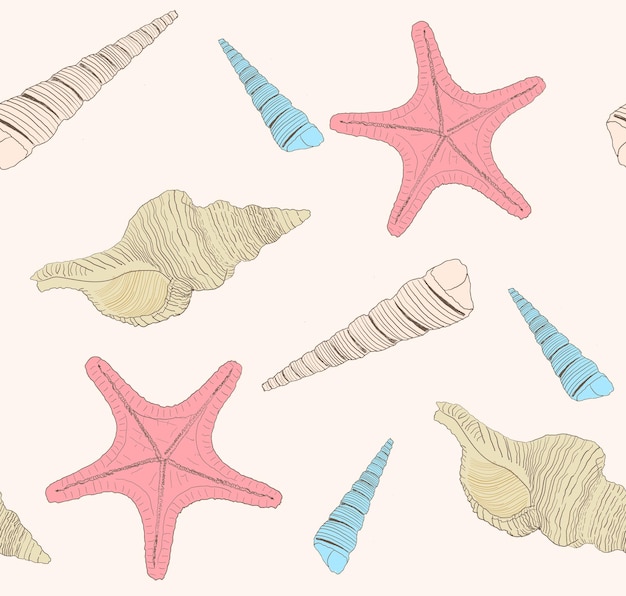 Морской рисунок с ракушками и морскими звездами Векторная иллюстрация