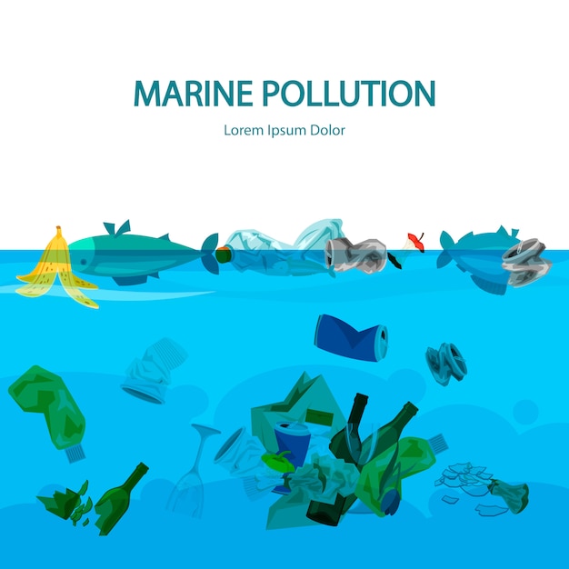 Vector marine pollution background with water and garbage