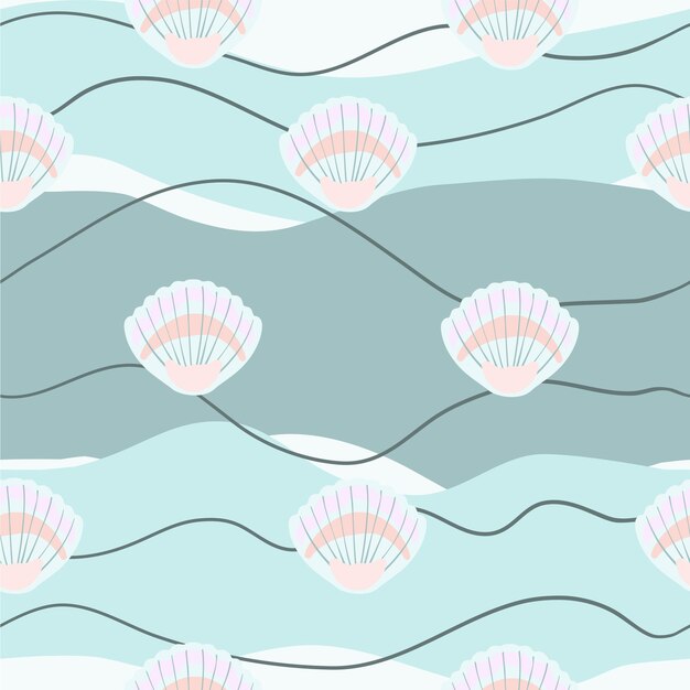 海の絵 貝 砂の真珠 貝 沿岸の自然 無縫のパターン 海の波 水中の世界 ベクトルイラスト パステル色